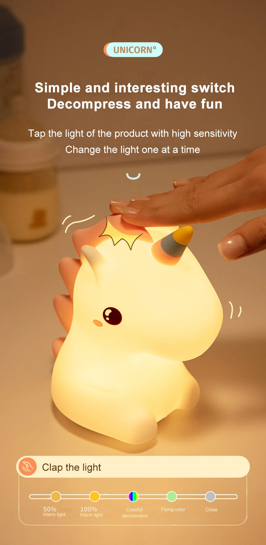 unicorn Cute Silicone LED Night Light For Kids children USB Rechargeable Cartoon Animal bedroom decor Touch Night Lamp for gifts