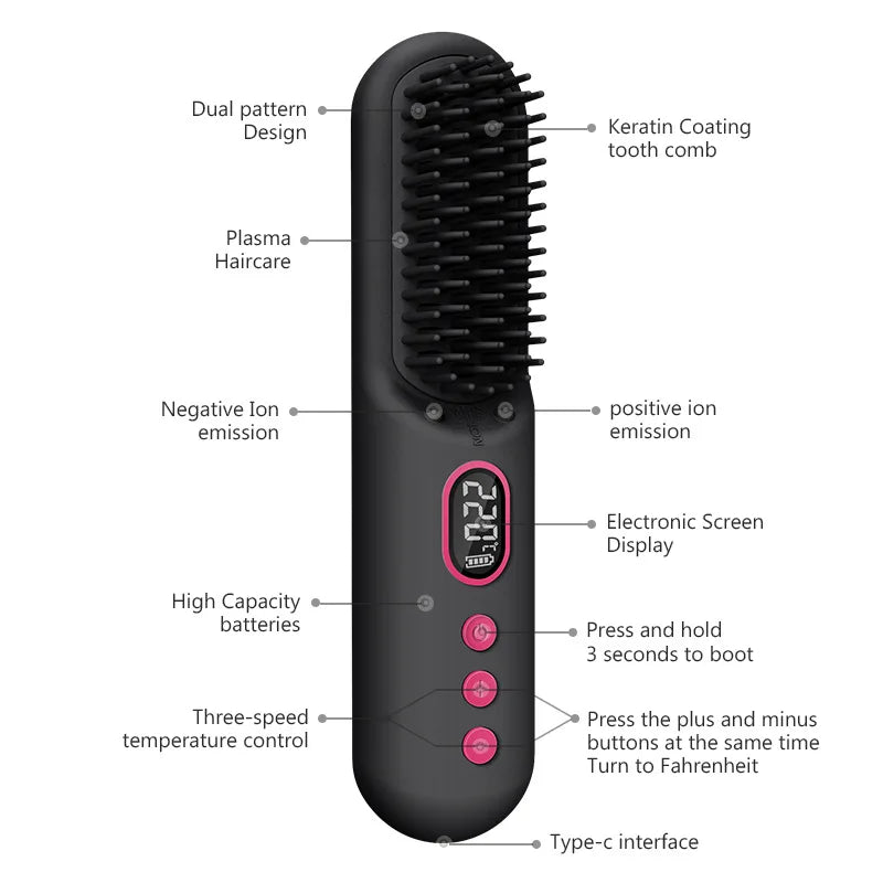 Cordless Portable Hair Straightener Brush with 9600mAh Battery