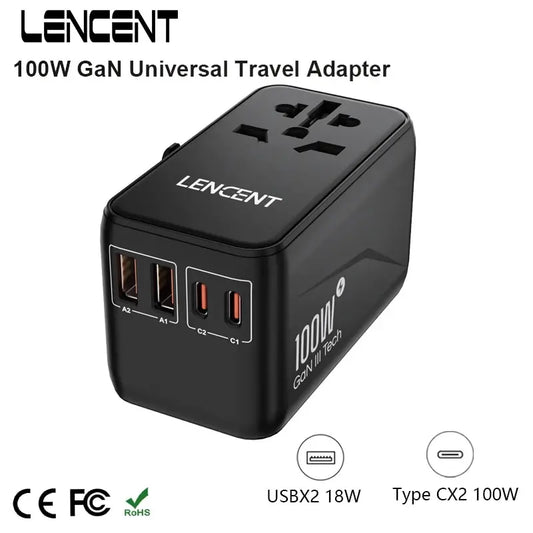 LENCENT GaN III 100W Universal Travel Adapter with 2 USB and 2 Type C PD